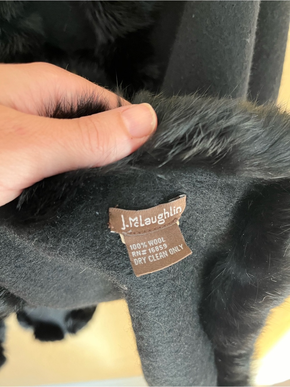 J. McLaughlin Black Genuine Wool Wrap with Faux Fur Trim - Picture 3 of 5